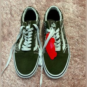 Olive green paisley print vans